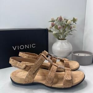 Vionic Amber Strappy Sandal Gold Cork Women 12 NWB All Straps Adjustable Comfort